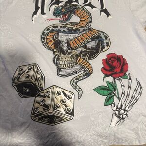 Rebels White Graphic Tee with Edgy Design. Skull and Snake in rhinestones.
